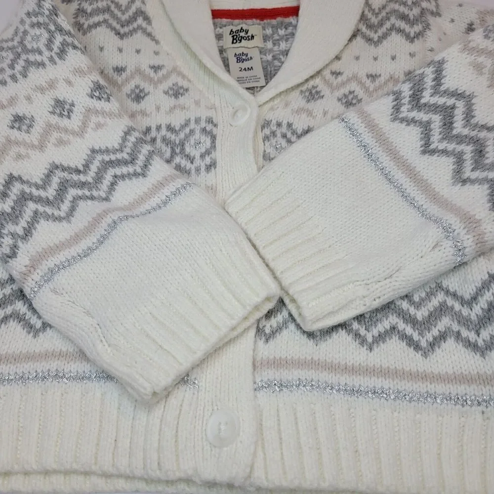 Baby B'gosh Cardigan Kids 24M White Excellent Fair Isle Shawl Collar Metallic